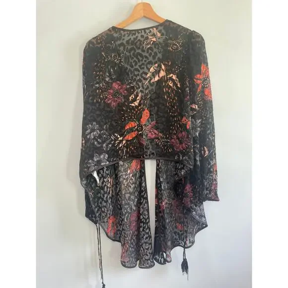 Free People Velvet Kimono Shawl – Sheer Floral, Tassels, Size Small - Picture 7 of 7